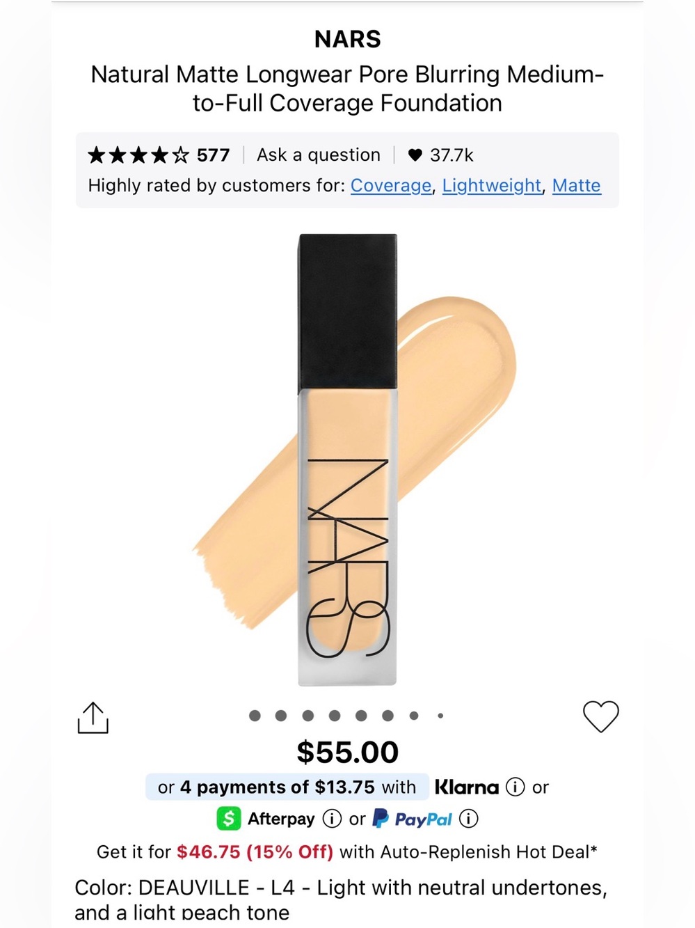 NEW NARS Natural Matte Longwear Foundation - Deauville